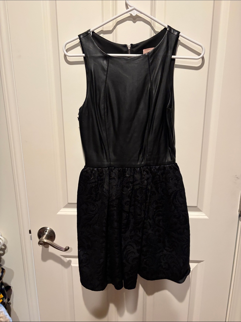 love...ady Black Faux Leather Bodice with Textured Black Skirt Mini Dress